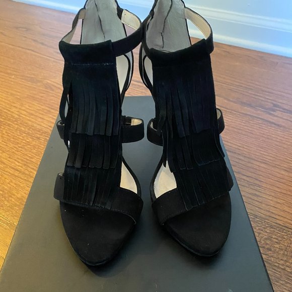 INC International Concepts Black Leather Fringe Heels - Picture 1 of 6